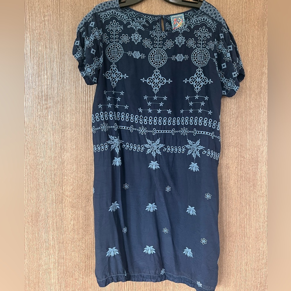 Johnny Was Navy Tunic Dress with Blue Embroidery